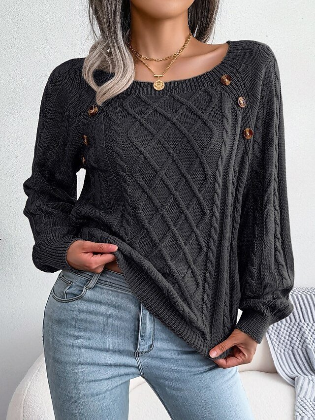Casual Regular Geometric Crew Neck Button Long Sleeve Knit Top - Image 2