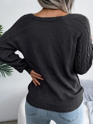 Casual Regular Geometric Crew Neck Button Long Sleeve Knit Top - Image 3