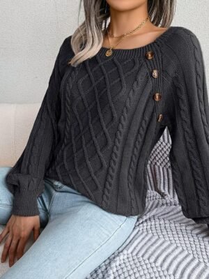 Casual Regular Geometric Crew Neck Button Long Sleeve Knit Top - Image 4
