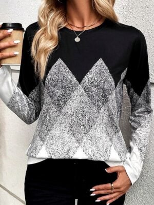 Casual Regular Geometric Crew Neck Long Sleeve Tops - Image 1