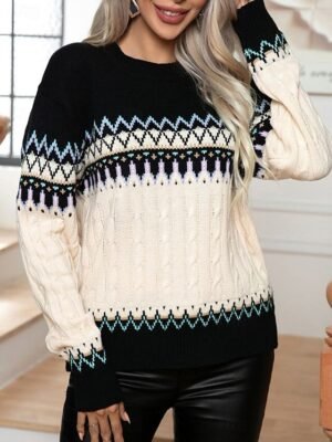 Casual Regular Geometric Crew Neck Long Sleeve Knitted Jumper - Image 1