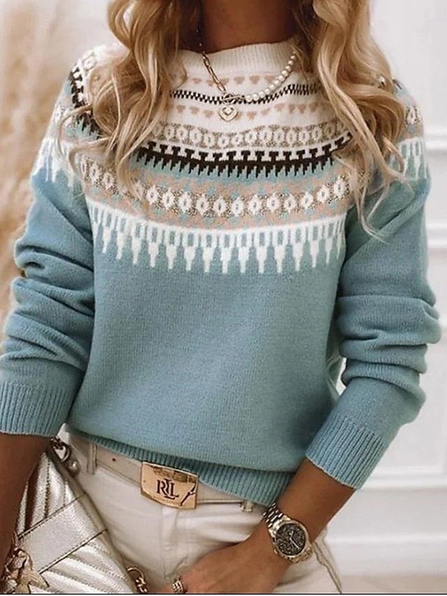 Casual Regular Geometric Crew Neck Long Sleeve Knit Jumper - Image 1