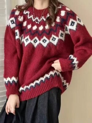 Casual Regular Geometric Crew Neck Long Sleeve Knit Top - Image 2