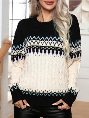 Casual Regular Geometric Crew Neck Long Sleeve Knitted Jumper - Image 3