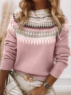 Casual Regular Geometric Crew Neck Long Sleeve Knit Jumper - Image 3