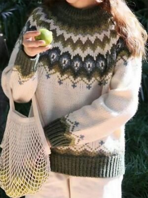 Casual Regular Geometric Crew Neck Long Sleeve Knit Top - Image 3