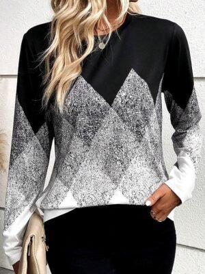 Casual Regular Geometric Crew Neck Long Sleeve Tops - Image 4