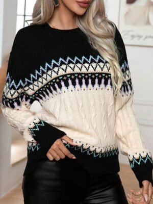 Casual Regular Geometric Crew Neck Long Sleeve Knitted Jumper - Image 4