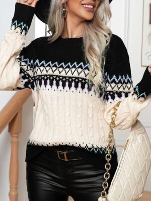 Casual Regular Geometric Crew Neck Long Sleeve Knitted Jumper - Image 5