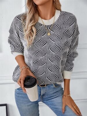 Casual Regular Geometric Crew Neck Long Sleeve Knit Top - Image 8