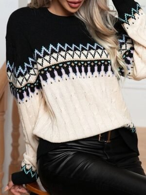 Casual Regular Geometric Crew Neck Long Sleeve Knitted Jumper - Image 8