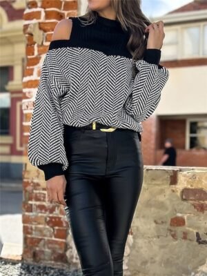 Casual Regular Geometric Ribbed Turtleneck Cold Shoulder Long Sleeve Jumper - Image 3