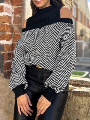 Casual Regular Geometric Ribbed Turtleneck Cold Shoulder Long Sleeve Jumper - Image 5