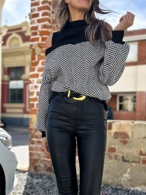 Casual Regular Geometric Ribbed Turtleneck Cold Shoulder Long Sleeve Jumper - Image 6