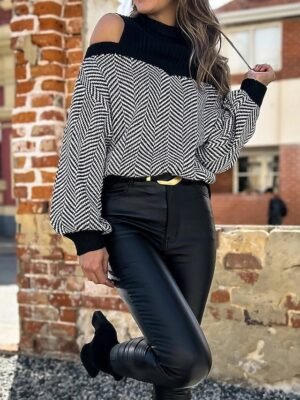 Casual Regular Geometric Ribbed Turtleneck Cold Shoulder Long Sleeve Jumper - Image 7
