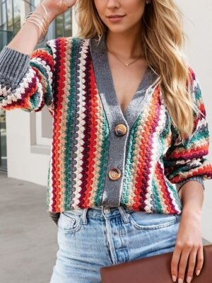 Casual Regular Geometric V Neck Long Sleeve Cardigan - Image 1