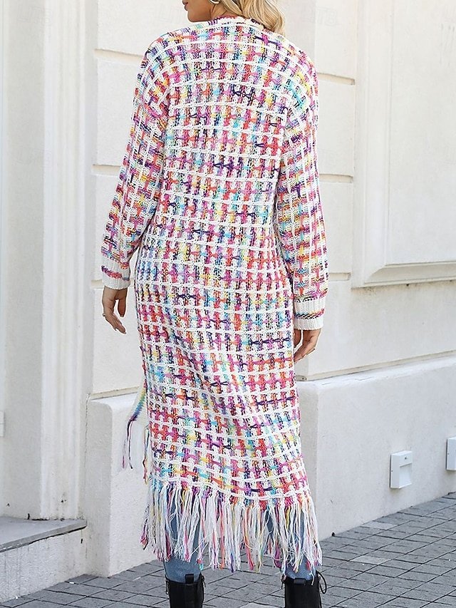 Casual Regular Geometric V Neck Long Sleeve Tassel Cardigan - Image 2