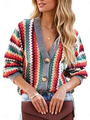 Casual Regular Geometric V Neck Long Sleeve Cardigan - Image 3