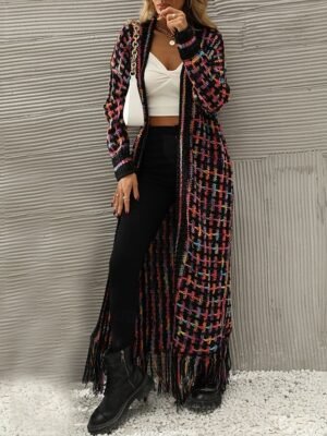 Casual Regular Geometric V Neck Long Sleeve Tassel Cardigan - Image 4