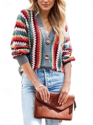 Casual Regular Geometric V Neck Long Sleeve Cardigan - Image 4
