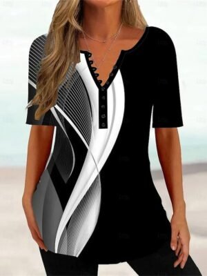 Casual Regular Geometric V Neck Short Sleeve Tunic Top - Image 1