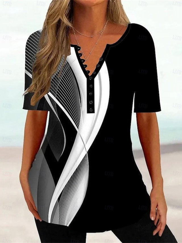 Casual Regular Geometric V Neck Short Sleeve Tunic Top - Image 1