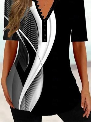 Casual Regular Geometric V Neck Short Sleeve Tunic Top - Image 2