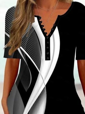 Casual Regular Geometric V Neck Short Sleeve Tunic Top - Image 3