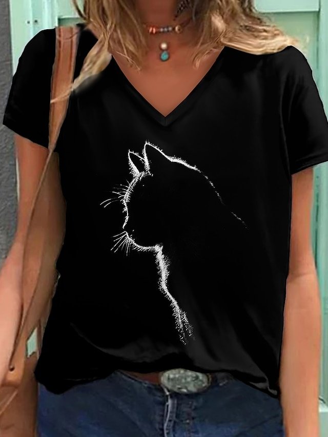 Casual Regular Graphic Cat Print V Neck Short Sleeve T-shirt - Image 1