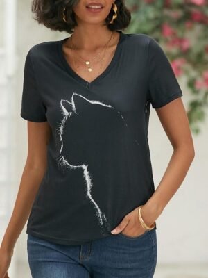 Casual Regular Graphic Cat Print V Neck Short Sleeve T-shirt - Image 2