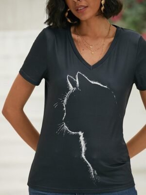 Casual Regular Graphic Cat Print V Neck Short Sleeve T-shirt - Image 4