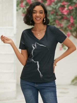 Casual Regular Graphic Cat Print V Neck Short Sleeve T-shirt - Image 5