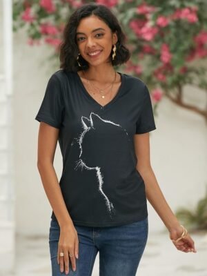 Casual Regular Graphic Cat Print V Neck Short Sleeve T-shirt - Image 6
