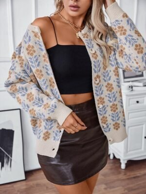 Casual Regular Graphic Print Open Front Long Sleeve Knitted Top - Image 6