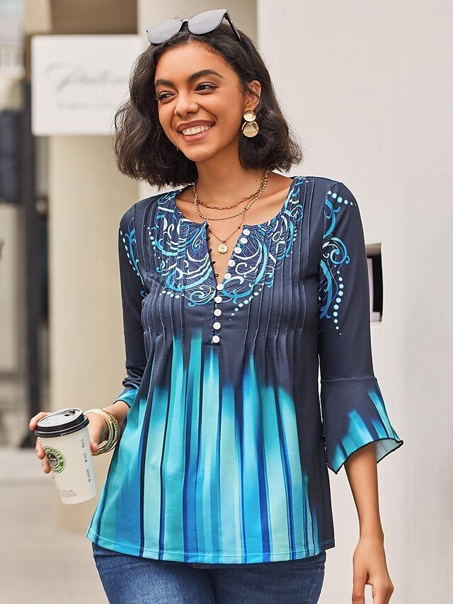 Casual Regular Graphic Round Neck 3/4 Length Sleeve Top - Image 2