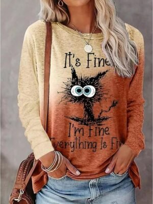 Casual Regular Graphic Round Neck Long Sleeve Plus Size Tee - Image 2