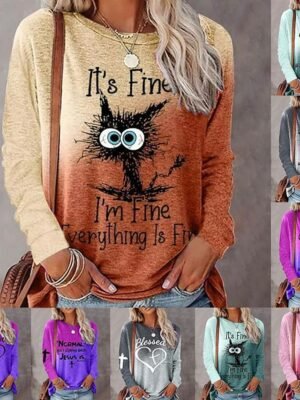 Casual Regular Graphic Round Neck Long Sleeve Plus Size Tee - Image 3