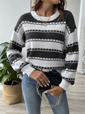 Casual Regular Graphic Striped Crew Neck Long Sleeve Knit Top - Image 6