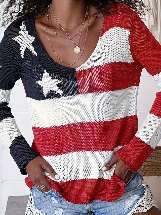 Casual Regular Graphic V Neck Long Sleeve Knit Top - Image 1
