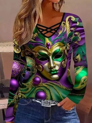 Casual Regular Graphic V Neck Long Sleeve Top - Image 1