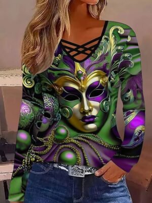 Casual Regular Graphic V Neck Long Sleeve Top - Image 4
