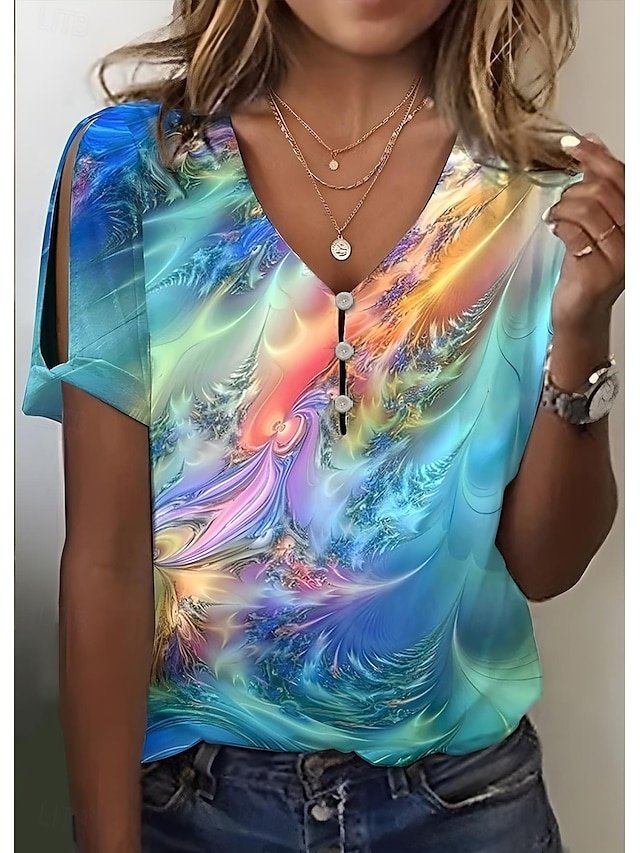 Casual Regular Graphic V Neck Short Sleeve Henley Top - Image 1