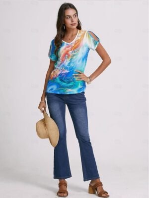 Casual Regular Graphic V Neck Short Sleeve Henley Top - Image 4