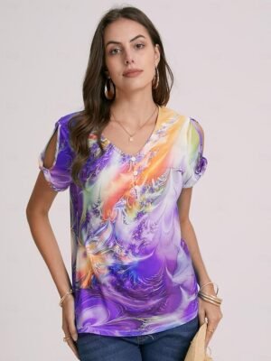 Casual Regular Graphic V Neck Short Sleeve Henley Top - Image 7