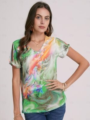 Casual Regular Graphic V Neck Short Sleeve Henley Top - Image 9