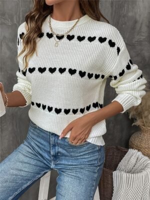 Casual Regular Heart Crew Neck Long Sleeve Knitted Top - Image 1