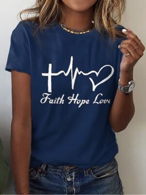 Casual Regular Heart Letter Round Neck Short Sleeve Tops - Image 9