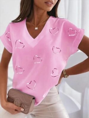 Casual Regular Heart Print V Neck Dolman Short Sleeve Top - Image 2