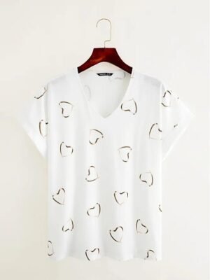 Casual Regular Heart Print V Neck Dolman Short Sleeve Top - Image 4