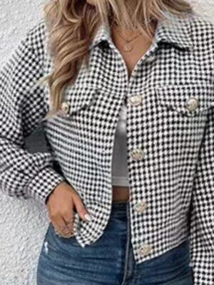 Casual Regular Houndstooth Turndown Long Sleeve Jacket - Image 4